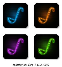 Glowing neon Kitchen ladle icon isolated on white background. Cooking utensil. Cutlery spoon sign. Black square button. Vector Illustration