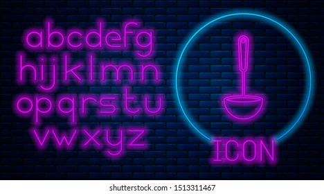 Glowing neon Kitchen ladle icon isolated on brick wall background. Cooking utensil. Cutlery spoon sign. Neon light alphabet. Vector Illustration
