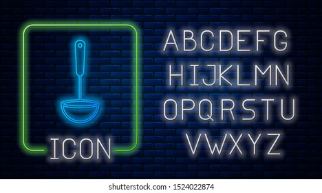 Glowing neon Kitchen ladle icon isolated on brick wall background. Cooking utensil. Cutlery spoon sign. Neon light alphabet. Vector Illustration