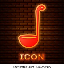 Glowing neon Kitchen ladle icon isolated on brick wall background. Cooking utensil. Cutlery spoon sign.  Vector Illustration