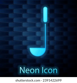Glowing neon Kitchen ladle icon isolated on brick wall background. Cooking utensil. Cutlery spoon sign.  Vector Illustration