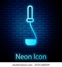 Glowing neon Kitchen ladle icon isolated on brick wall background. Cooking utensil. Cutlery spoon sign.  Vector