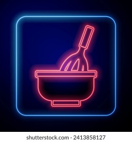 Glowing neon Kitchen whisk with bowl icon isolated on black background. Cooking utensil, egg beater. Cutlery sign. Food mix symbol.  Vector