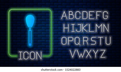 Glowing neon Kitchen whisk icon isolated on brick wall background. Cooking utensil, egg beater. Cutlery sign. Food mix symbol. Neon light alphabet. Vector Illustration