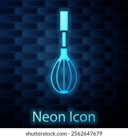 Glowing neon Kitchen whisk icon isolated on brick wall background. Cooking utensil, egg beater. Cutlery sign. Food mix symbol.  Vector