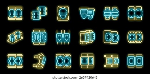 Glowing neon knee pads icons symbolize protection and safety for various activities, highlighting different designs and functionalities