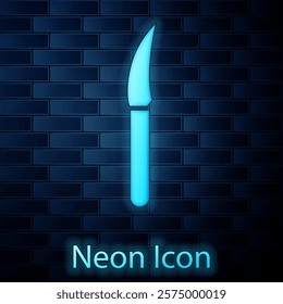Glowing neon Knife icon isolated on brick wall background. Cutlery symbol.  Vector Illustration
