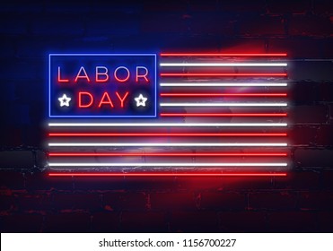 Glowing neon Labor Day sign in the form of a flag of the USA on brick wall background. Vector illustration