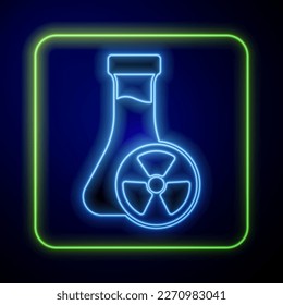 Glowing neon Laboratory chemical beaker with toxic liquid icon isolated on blue background. Biohazard symbol. Dangerous symbol with radiation icon.  Vector