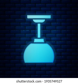 Glowing neon Lamp hanging icon isolated on brick wall background. Ceiling lamp light bulb.  Vector