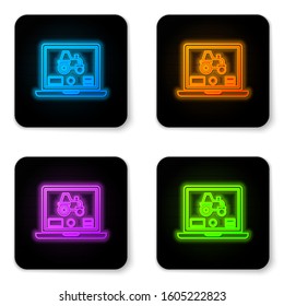 Glowing neon Laptop application for control a autonomous tractor on a smart farm icon isolated on white background. Smart agriculture implement. Black square button. Vector Illustration