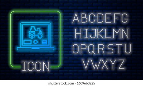 Glowing neon Laptop application for control a autonomous tractor on a smart farm icon isolated on brick wall background. Smart agriculture implement. Neon light alphabet. Vector Illustration