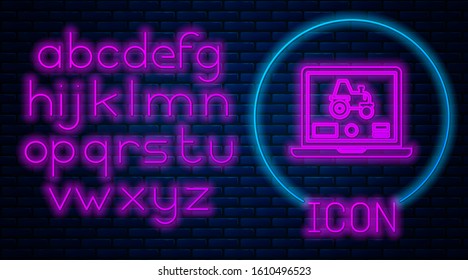 Glowing neon Laptop application for control a autonomous tractor on a smart farm icon isolated on brick wall background. Smart agriculture implement. Neon light alphabet. Vector Illustration