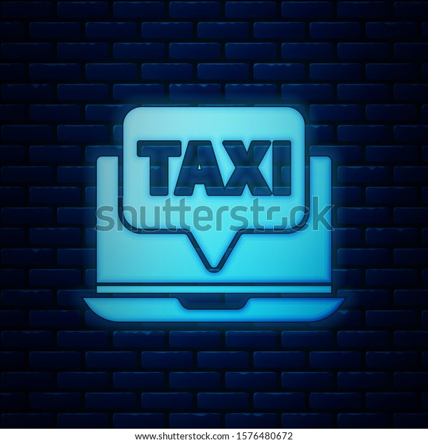 Glowing neon Laptop call\
taxi service icon isolated on brick wall background.  Vector\
Illustration