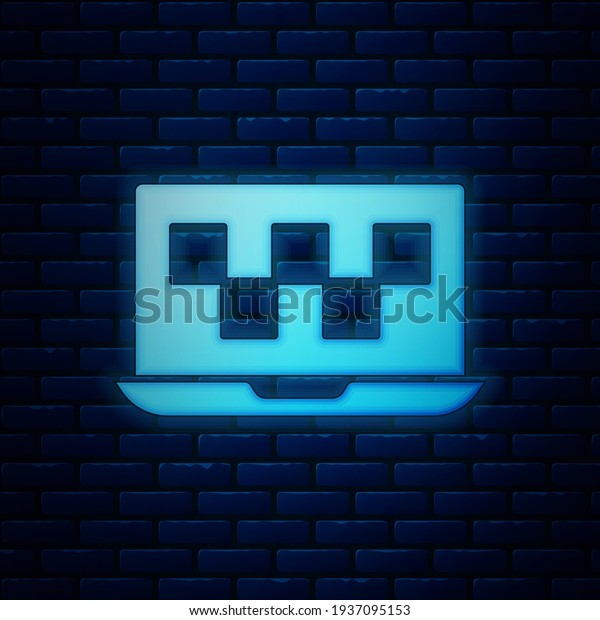 Glowing neon Laptop call taxi service\
icon isolated on brick wall background. \
Vector