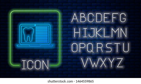 Glowing neon Laptop with dental card or patient medical records icon isolated on brick wall background. Dental insurance. Dental clinic report. Neon light alphabet. Vector Illustration