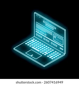 Glowing neon laptop displaying an online payment form in an isometric perspective
