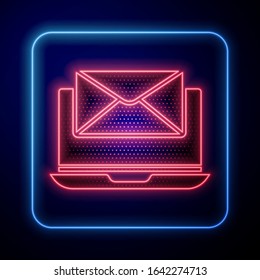Glowing neon Laptop with envelope and open email on screen icon isolated on blue background. Email marketing, internet advertising concepts.  Vector Illustration