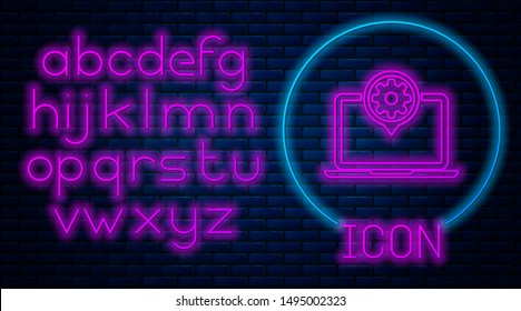 Glowing neon Laptop and gear icon isolated on brick wall background. Laptop service concept. Adjusting app, setting options, maintenance, repair, fixing. Neon light alphabet. Vector Illustration