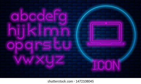 Glowing neon Laptop icon isolated on brick wall background. Computer notebook with empty screen sign. Neon light alphabet. Vector Illustration