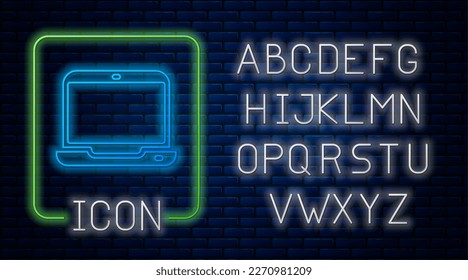 Glowing neon Laptop icon isolated on brick wall background. Computer notebook with empty screen sign. Neon light alphabet. Vector