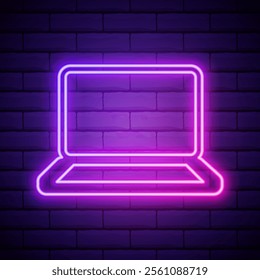 Glowing neon Laptop icon isolated on brick wall background. Computer notebook with empty screen sign. Vector Illustration.