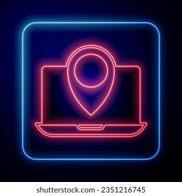 Glowing neon Laptop with location marker icon isolated on black background.  Vector