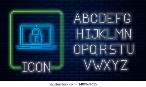 Glowing neon Laptop and lock icon isolated on brick wall background. Computer and padlock. Security, safety, protection concept. Safe internetwork. Neon light alphabet. Vector Illustration