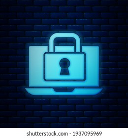 Glowing Neon Laptop And Lock Icon Isolated On Brick Wall Background. Computer And Padlock. Security, Safety, Protection Concept. Safe Internetwork.  Vector