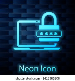 Glowing neon Laptop with password notification and lock icon isolated on brick wall background. Concept of security, personal access, user authorization, login form. Vector Illustration