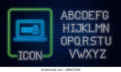 Glowing neon Laptop with password notification and lock icon isolated on brick wall background. Security, personal access, user authorization, login form. Neon light alphabet. Vector Illustration