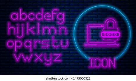 Glowing neon Laptop with password notification and lock icon isolated on brick wall background. Security, personal access, user authorization, login form. Neon light alphabet. Vector Illustration