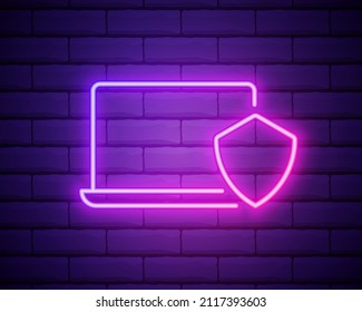 Glühende Neon Laptop geschützt mit Schild Symbol einzeln auf Backsteinwand Hintergrund. PC-Sicherheit, Firewall-Technologie, Datenschutz. Vektorgrafik.
