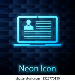 Glowing neon Laptop with resume icon isolated on brick wall background. CV application. Searching professional staff. Analyzing personnel resume. Vector Illustration