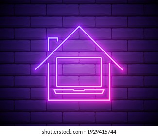 Portátil de neón brillante e icono del hogar inteligente aislado en el fondo de la pared de ladrillo. Control remoto. Ilustración vectorial.Trabajo desde casa