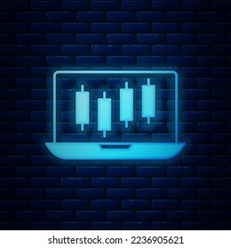 Glowing neon Laptop with stocks market growth graphs and money icon isolated on brick wall background. Monitor with stock charts arrow on screen.  Vector