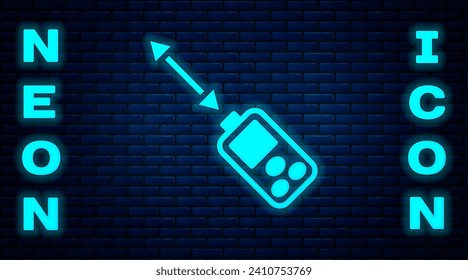 Glowing neon Laser distance measurer icon isolated on brick wall background. Laser distance meter measurement equipment.  Vector