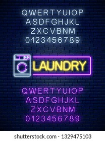 Glowing neon laundry signboard with alphabet on dark brick wall background. Illuminated self-service washhouse sign working round-the-clock. Vector illustration.