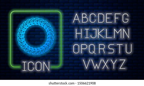 Glowing neon Laurel wreath icon isolated on brick wall background. Triumph symbol. Neon light alphabet. Vector Illustration