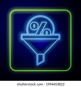 Glowing neon Lead management icon isolated on blue background. Funnel with discount percent. Target client business concept.  Vector