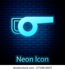Icono de soplador de jardín de hojas de neón brillante aislado en el fondo de la pared de ladrillo.  Vector