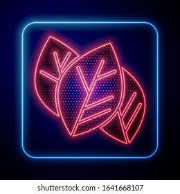 Glowing neon Leaf icon isolated on blue background. Leaves sign. Fresh natural product symbol.  Vector Illustration