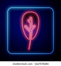Glowing neon Leaf icon isolated on blue background. Leaves sign. Fresh natural product symbol.  Vector Illustration