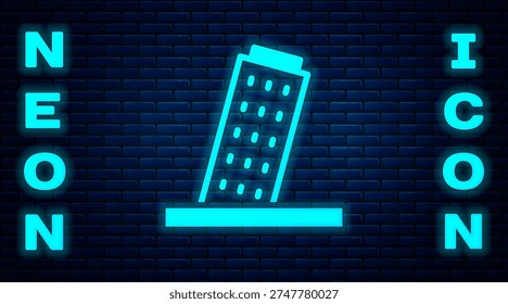 Glowing neon Leaning Tower in Pisa icon isolated on brick wall background. Italy symbol.  Vector