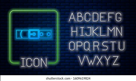 Glowing neon Leather belt with buttoned steel buckle icon isolated on brick wall background. Neon light alphabet. Vector Illustration