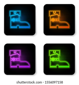 Glowing neon Leather pirate boots icon isolated on white background. Black square button. Vector Illustration