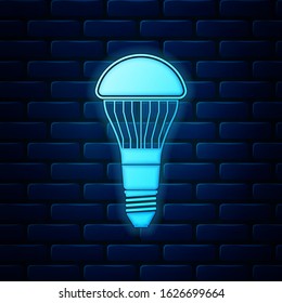 Glowing neon LED light bulb icon isolated on brick wall background. Economical LED illuminated lightbulb. Save energy lamp.  Vector Illustration