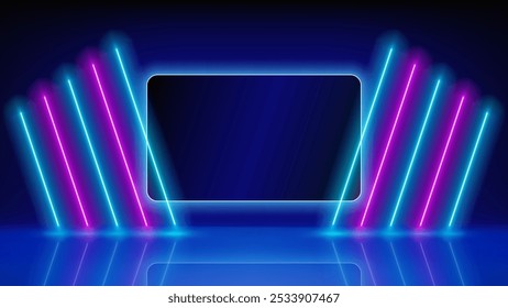 Leuchtendes Neon, LED-Linien und Bildschirm auf der Bühne. Hintergrund, Hintergrund für die Anzeige von Produkten. Abstrakter technologischer Hintergrund. Rosa blaues violettes Neon-Bühnenlicht. Vektorgrafik