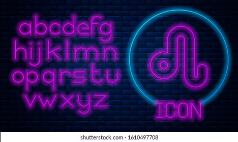 Glowing neon Leo zodiac sign icon isolated on brick wall background. Astrological horoscope collection. Neon light alphabet. Vector Illustration