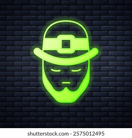 Glowing neon Leprechaun icon isolated on brick wall background. Happy Saint Patricks day. National Irish holiday.  Vector